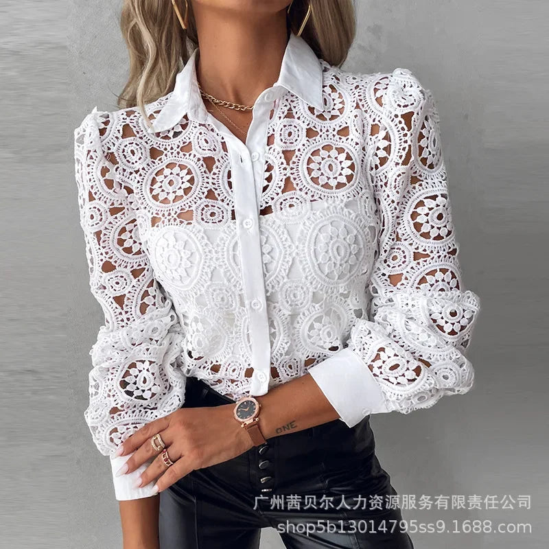 Lansdale Elegant Office White Shirt Long Sleeve Button Turn-down Collar Sexy Hollow Blouse
