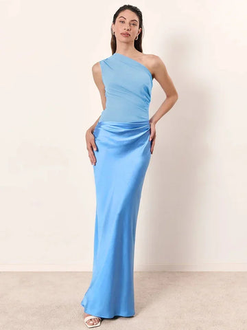 Roselle Satin Inclined Shoulder Sexy Fashion Patchwork Backless Bodycon Maxi Dress