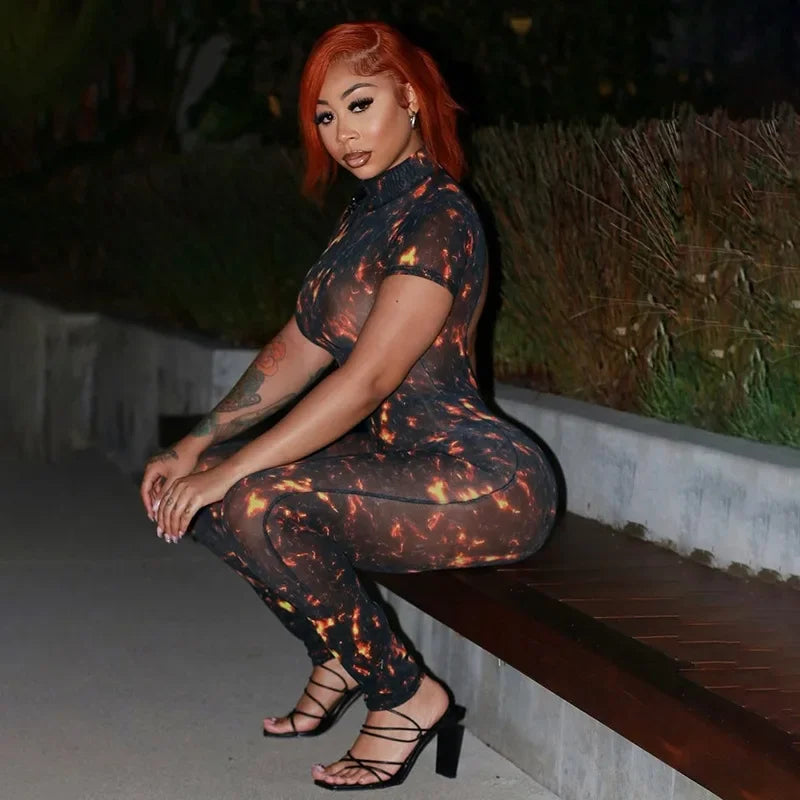 Auburn Hollow Out Playsuits Female Nightout Fashion Mesh Thin Sheer Jumpsuits