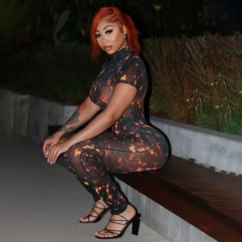 Auburn Hollow Out Playsuits Female Nightout Fashion Mesh Thin Sheer Jumpsuits