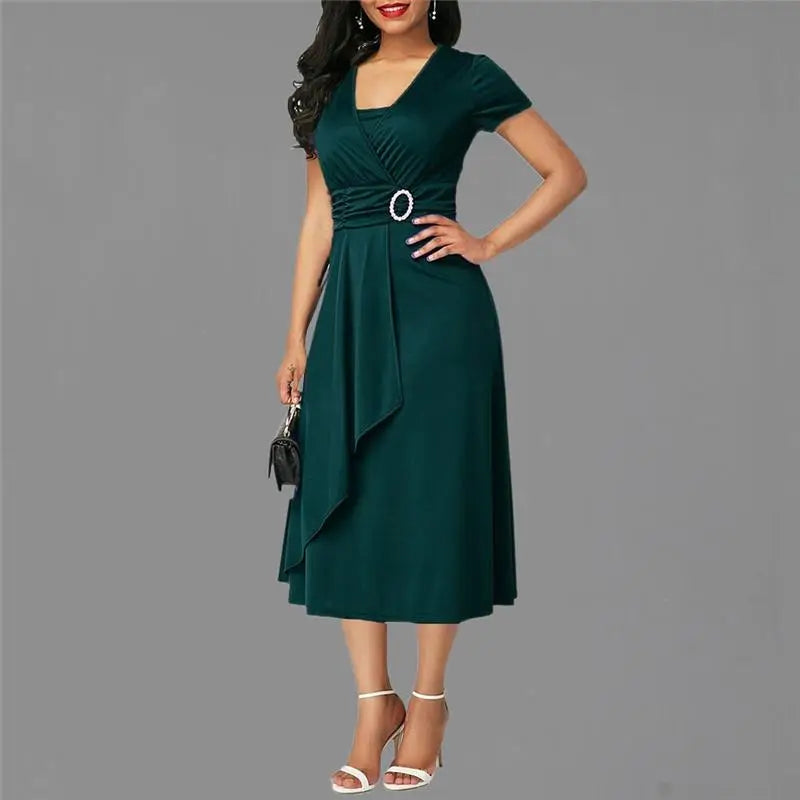 Seattle Solid Color Short Sleeve V Neck Asymmetric Hem Waist Midi Party Dress