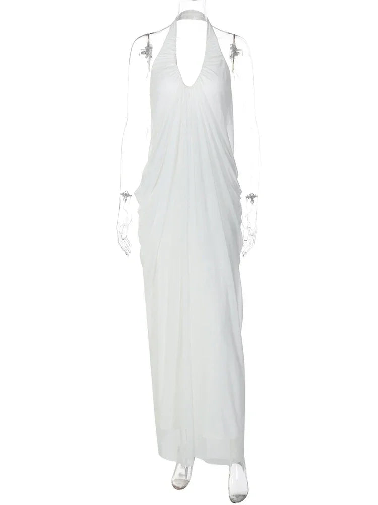 Elkins Mesh Halter Backless Sexy Gown Fashion Elegant V Neck Sleeveless Maxi Dress