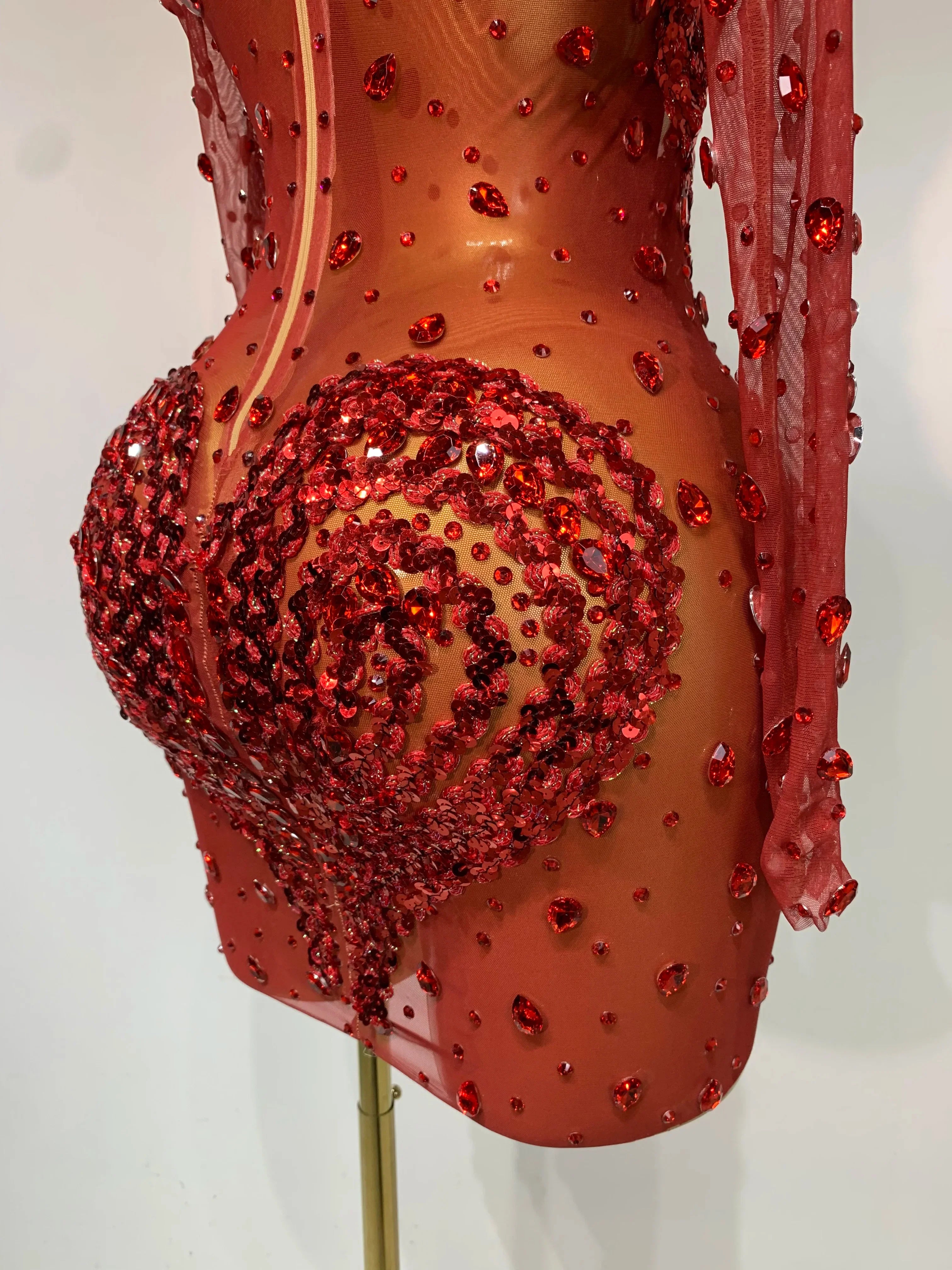 Ithaca High Quality Rhinestone Sequin Sexy See Through Mesh Mini Dress