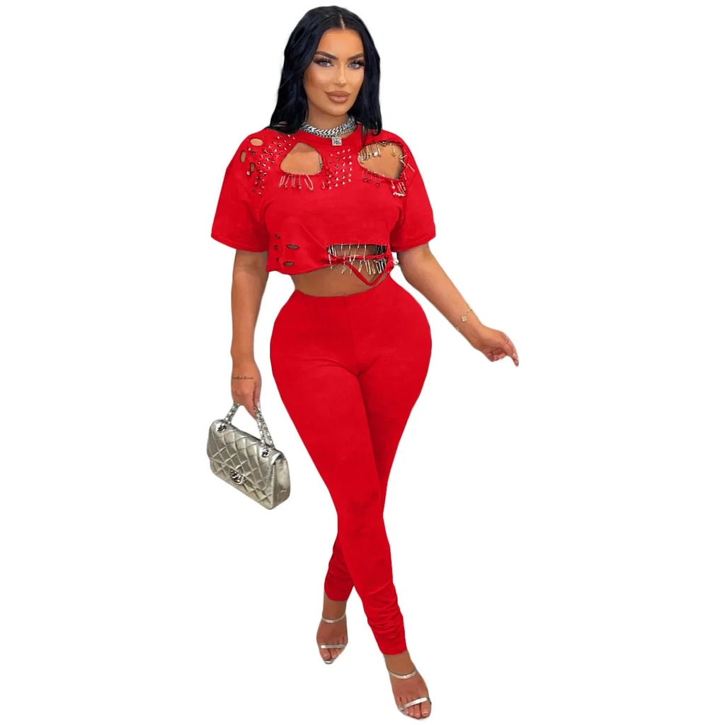 Prospect Hollow Out Hole Pin Sleeve Tide Outfit Tracksuit Two Piece Set