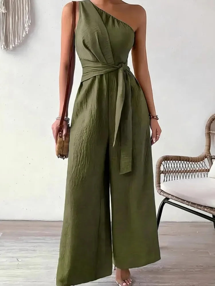 Detroit Fashion Sleeveless Diagonal Collar High Waist Lace-up Wide Leg Jumpsuits