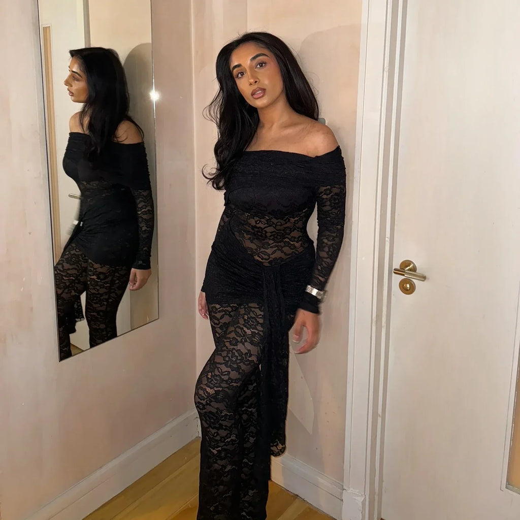 Westport Lace Sexy See Through Off-shoulder High Waist Club Party Jumpsuits