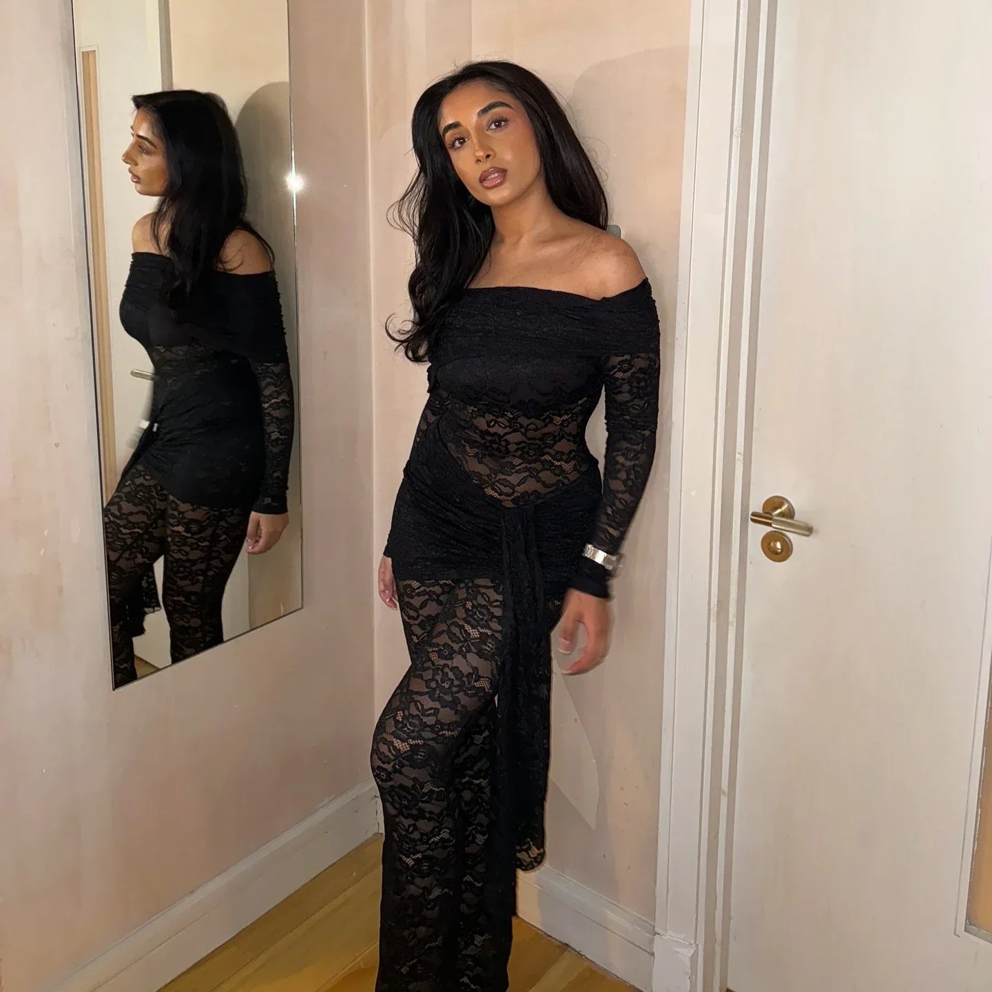 Westport Lace Sexy See Through Off-shoulder High Waist Club Party Jumpsuits