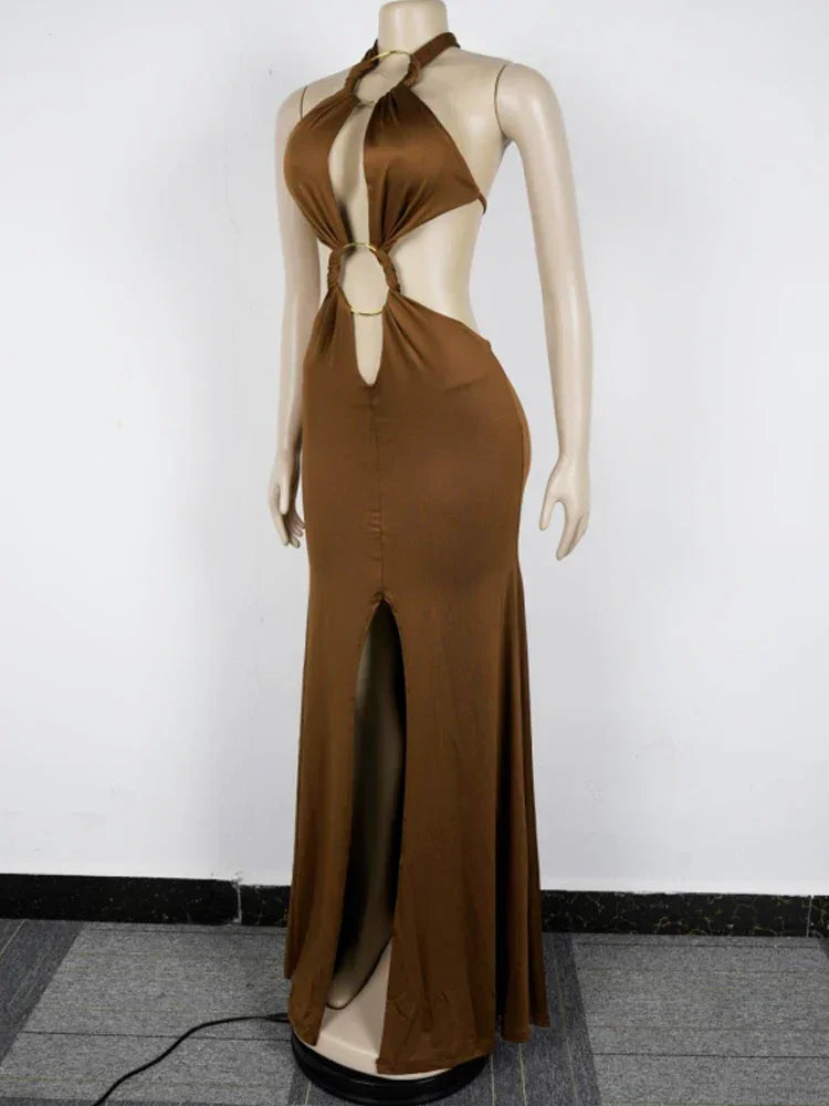 Hoosick Falls Halter V Neck O Rings Long Glam Sexy Backless Ruched Maxi Dress