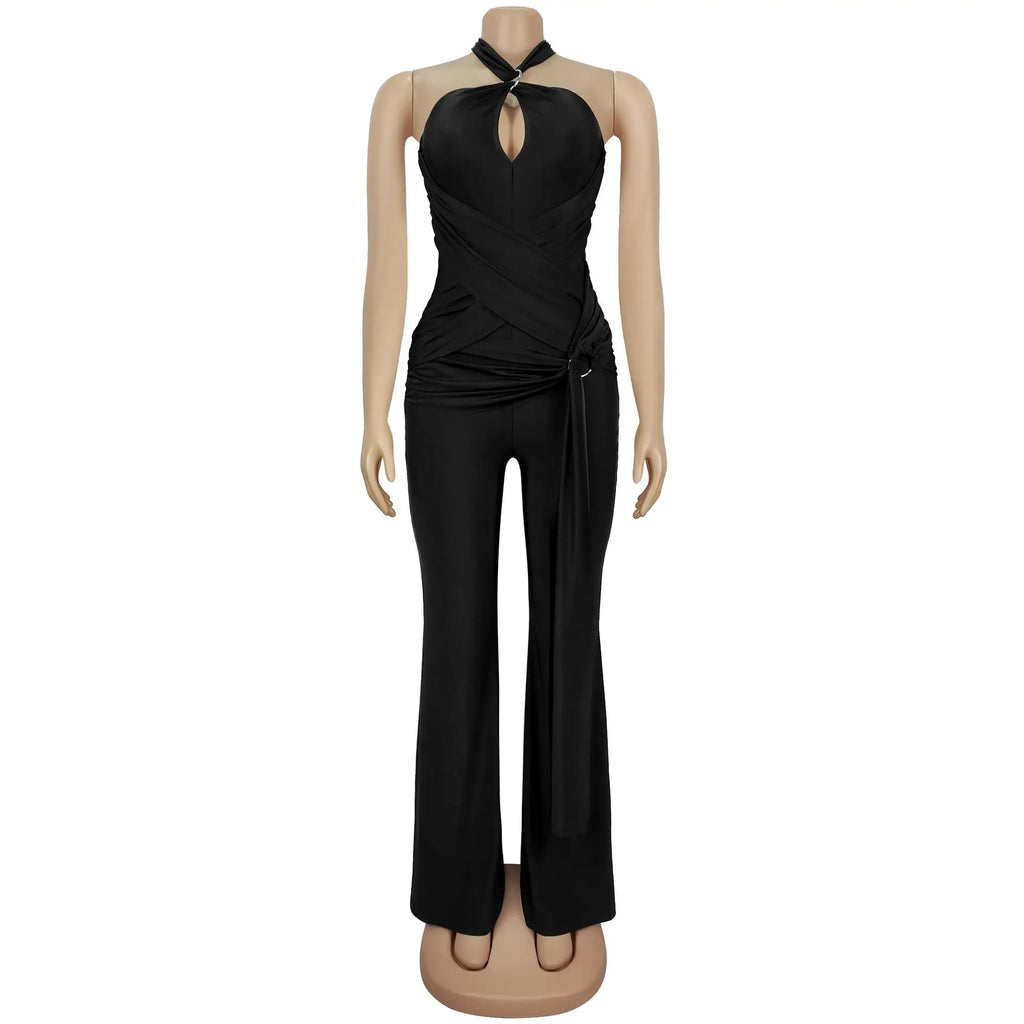 Peterborough Hollow Out Bandage Patchwork Halter Sleeveless Backless Jumpsuit