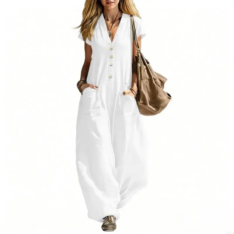 Jumpsuits for Women Linen Button Sleeve Jumpsuits Wide Leg V Neck Rompers Vacation Clothes with Pockets 6XDA