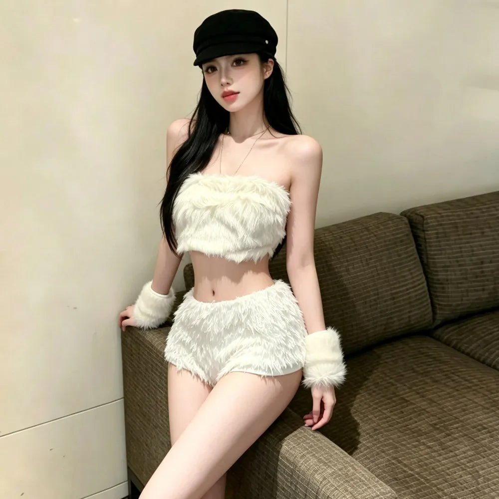 Rosaura Sexy Girl One Shoulder Furry Two Piece Sets
