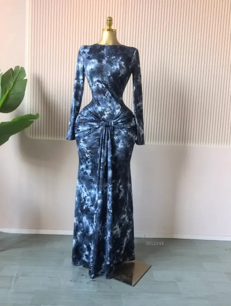 Beattystown Elegant Tie Dye Printed Skew Neck Flare Long Sleeve Ruched Maxi Dress