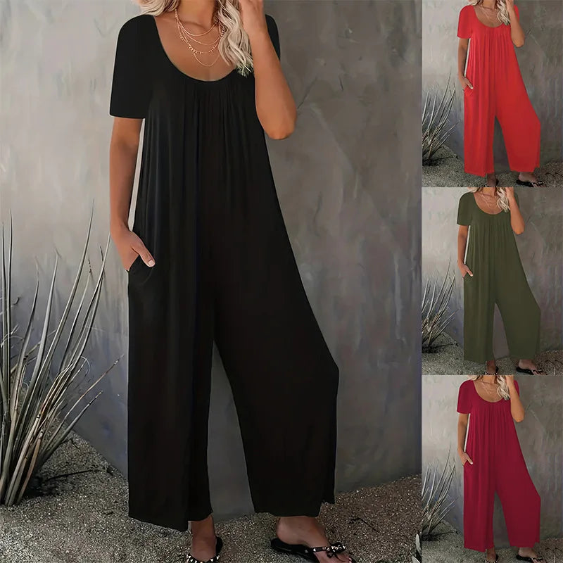 Plus Size Summer Women's Solid Color Jumpsuit with Pockets Casual Fashion