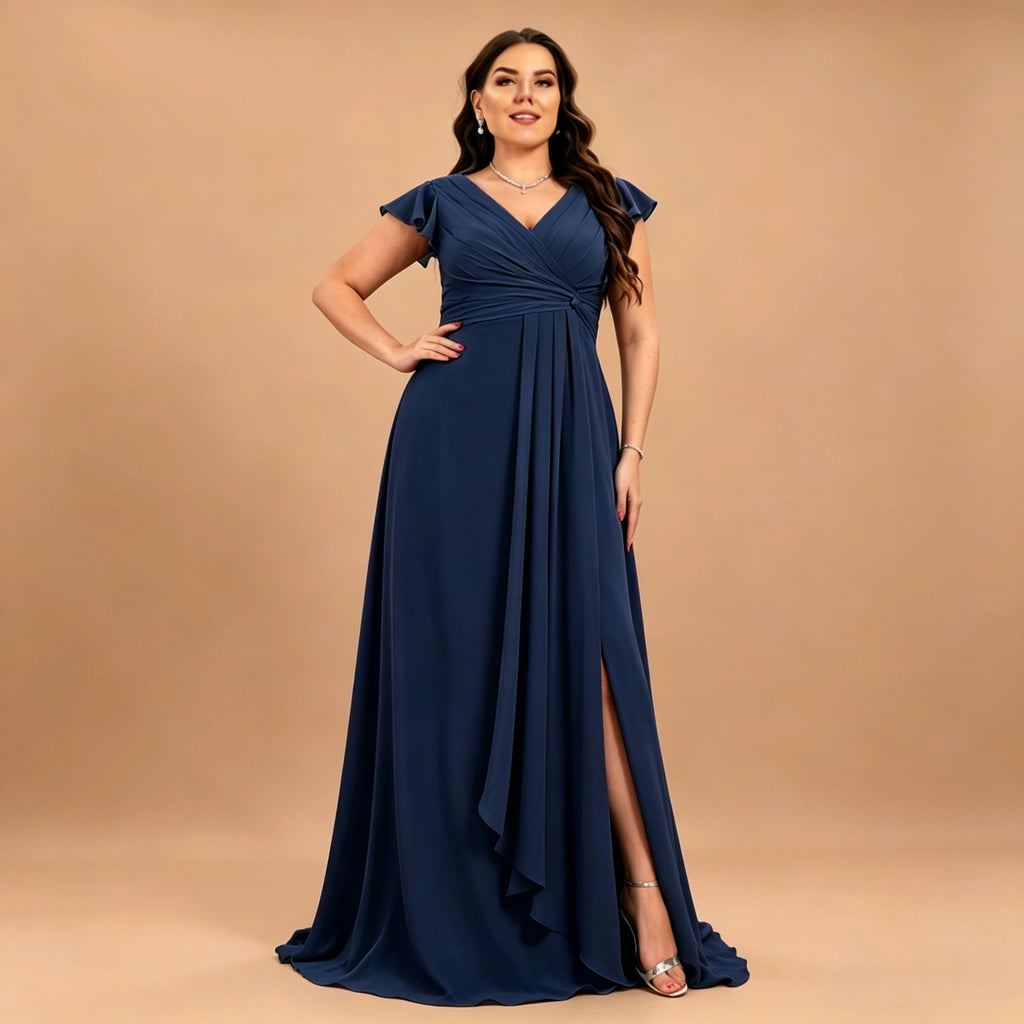 Long Island Plus Size Chiffon Evening Elegant V-Neck Ruffle Sleeve Formal Dress