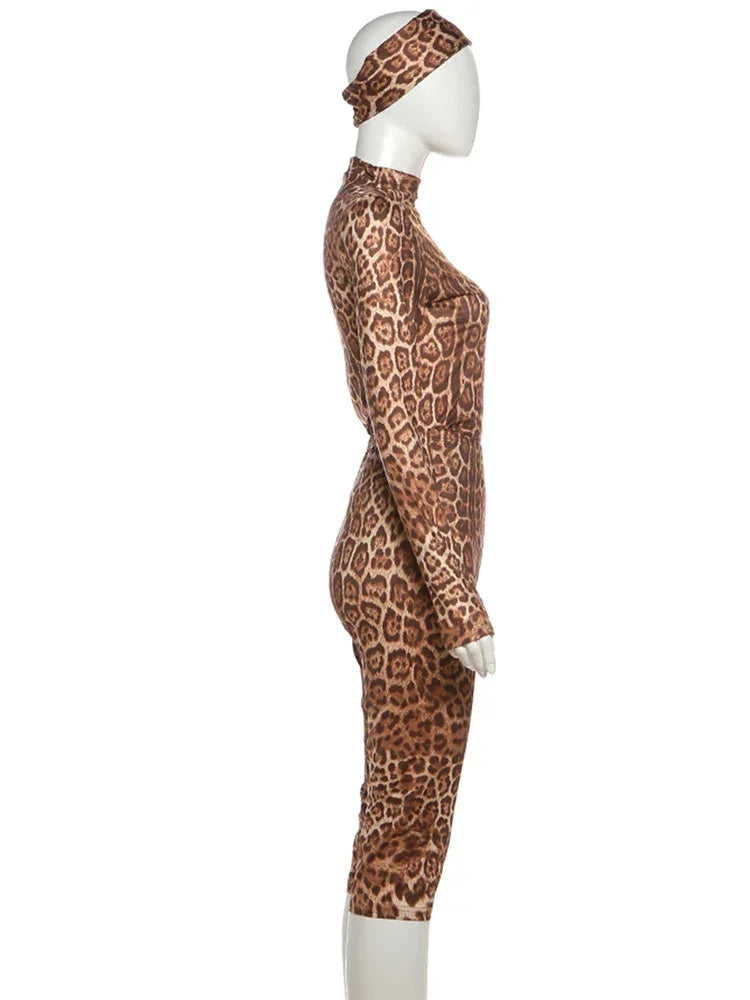 Stonington Leopard Print Headband Half Turtleneck Full Sleeve and Elastic Waist Set