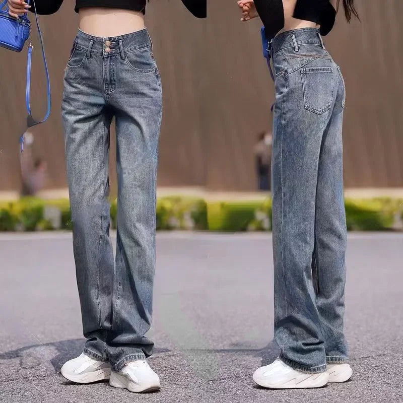 Womens Jeans High Waist Shot Blue Trousers with Pockets Pants for Women Straight Leg