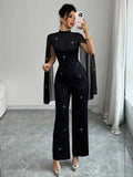 Manhattan Glitter Mock Neck Sheer Chiffon Cloak Sleeve Elegant Overalls Temperament Jumpsuit