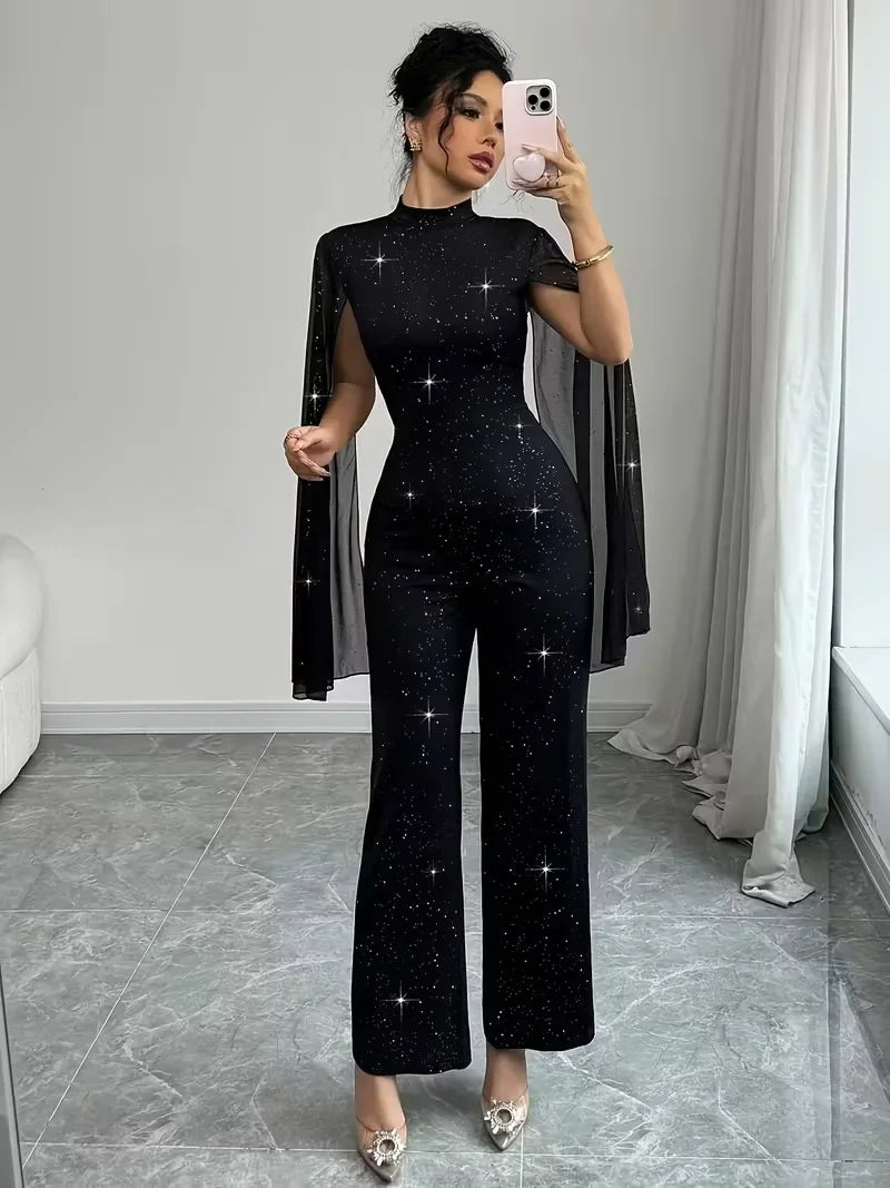 Manhattan Glitter Mock Neck Sheer Chiffon Cloak Sleeve Elegant Overalls Temperament Jumpsuit