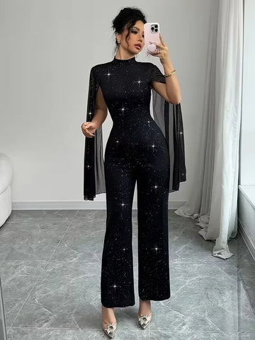 Manhattan Glitter Mock Neck Sheer Chiffon Cloak Sleeve Elegant Overalls Temperament Jumpsuit