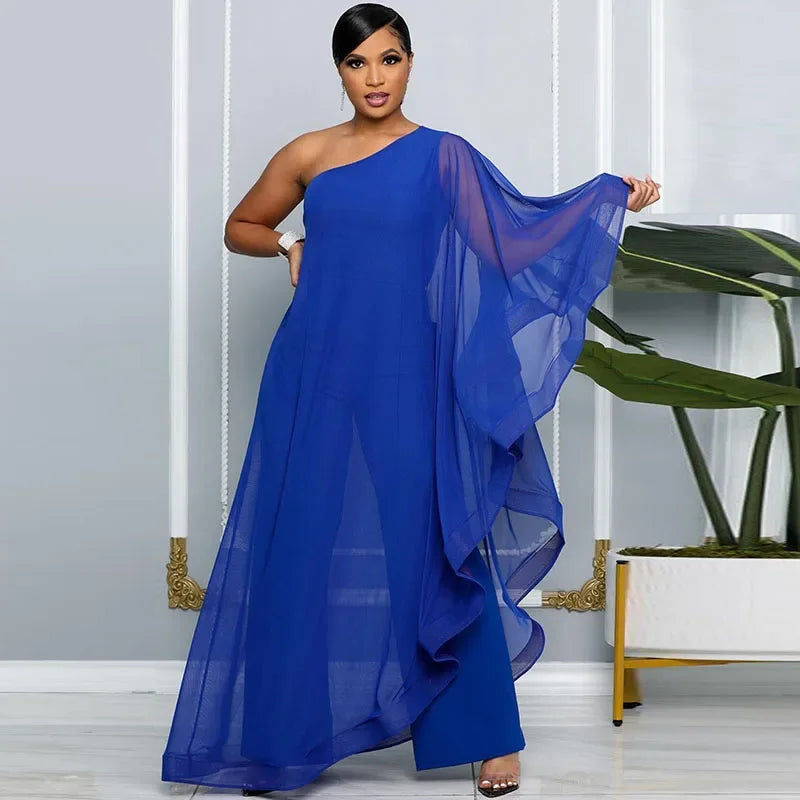 Oldwick Elegant Chiffon One Shoulder Wide Leg Jumpsuit