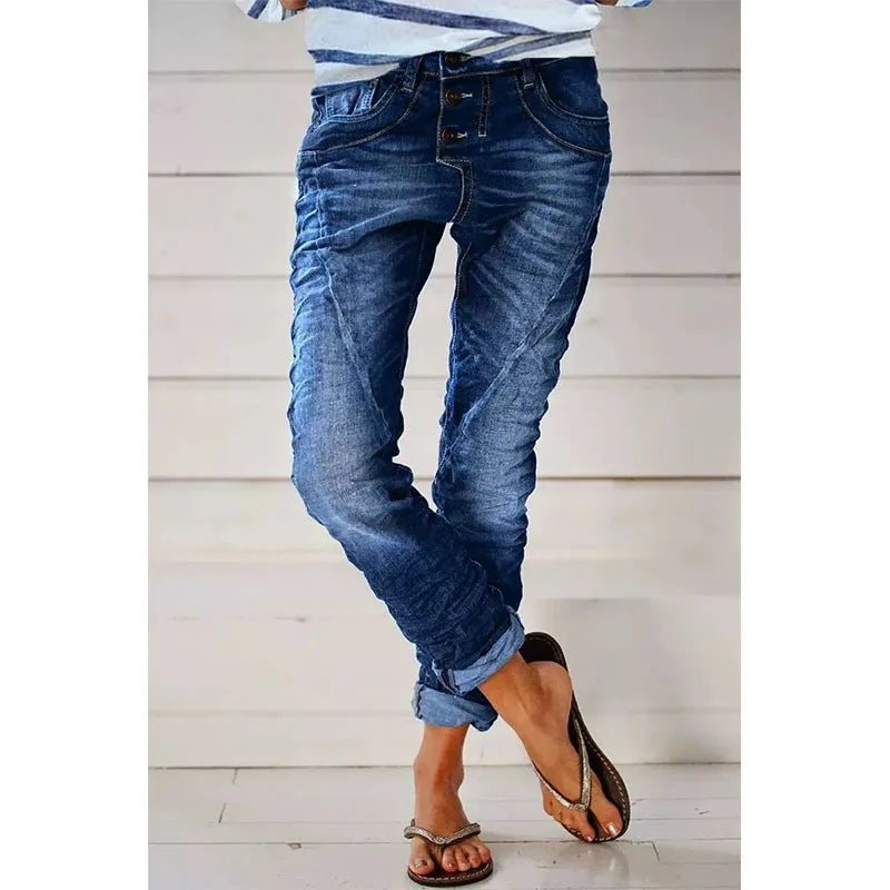 Jeans for Women Drawstring Elastic-waisted Jeans Casual Button Baggy Jeans