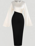 Piscataway Bell Sleeve Color Block Satin Bodycon Casual Elegant Dress