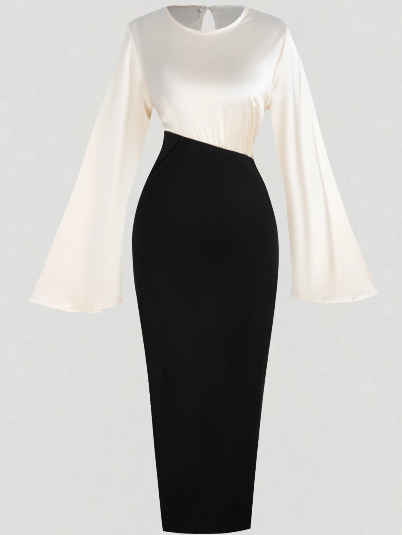 Piscataway Bell Sleeve Color Block Satin Bodycon Casual Elegant Dress