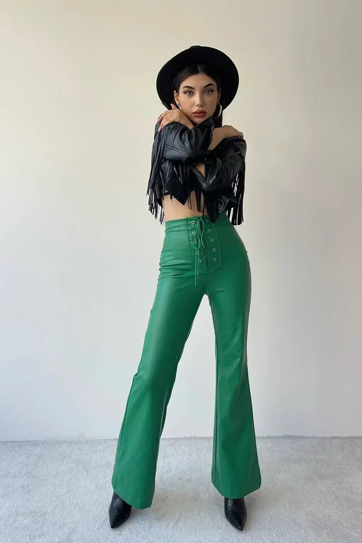 Hopatcong Sexy High Waist Trousers Flared Leather Pants