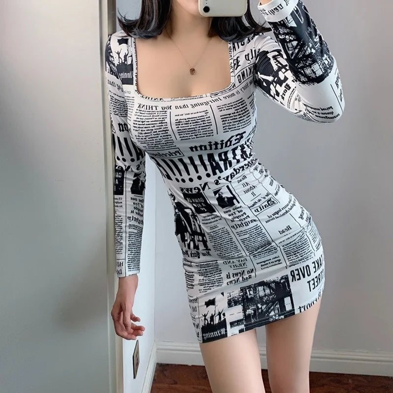 Amazonia Printed Newspaper Sexy New Fashion Street Shooting Slim Mini Dress