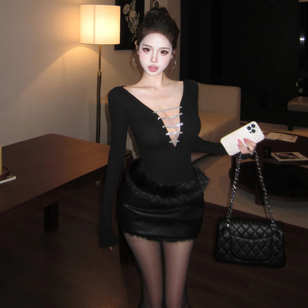 Lia Sexy Deep V Neck Long Sleeve Two Piece Sets