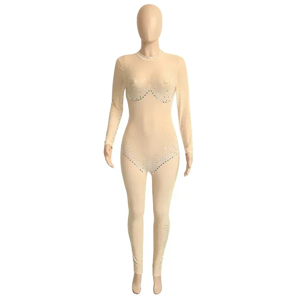 Union Square Fashion Sexy Mesh Perspective Hot Drill Long Sleeve Jumpsuit