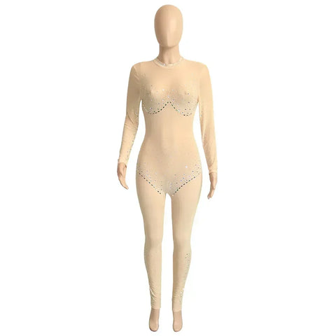 Union Square Fashion Sexy Mesh Perspective Hot Drill Long Sleeve Jumpsuit