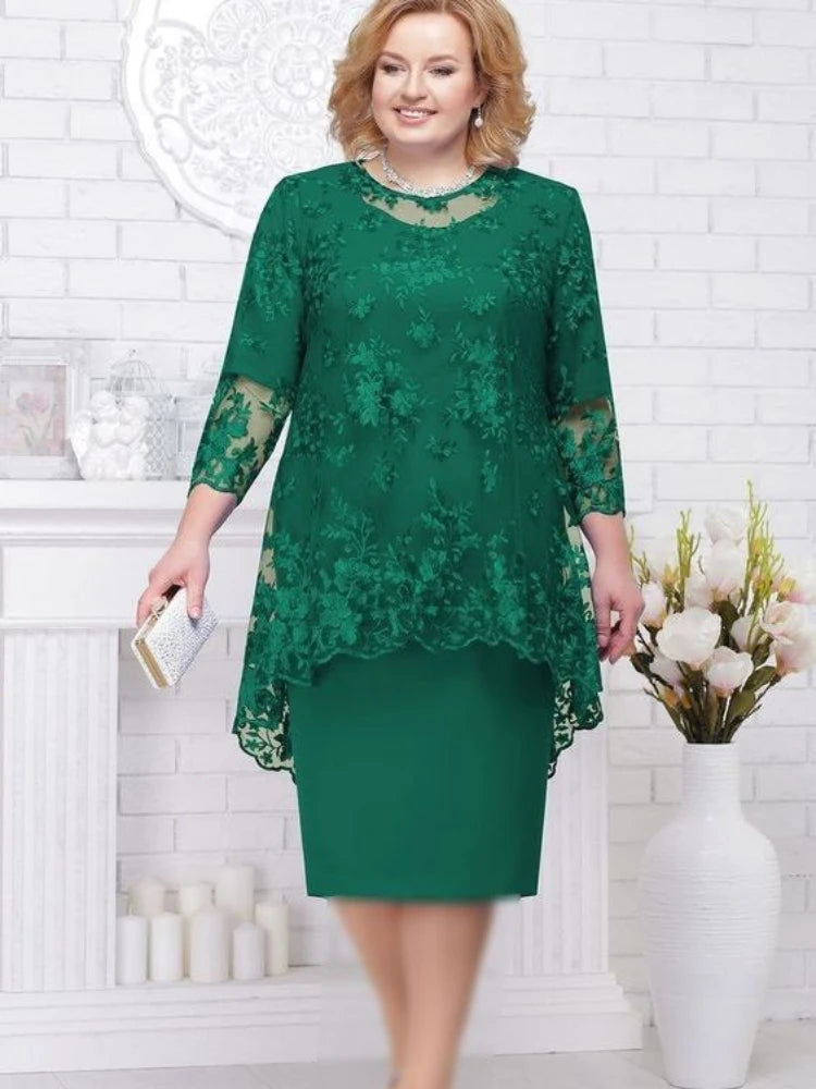 Jackson Plus Size Evening Gown Fashion Solid Color Round Neck High Waist Lace Embroidery Dress