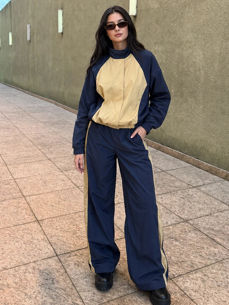 Gabriela Patchwork Nylon Tracksuit High Neck Two Piece Sets