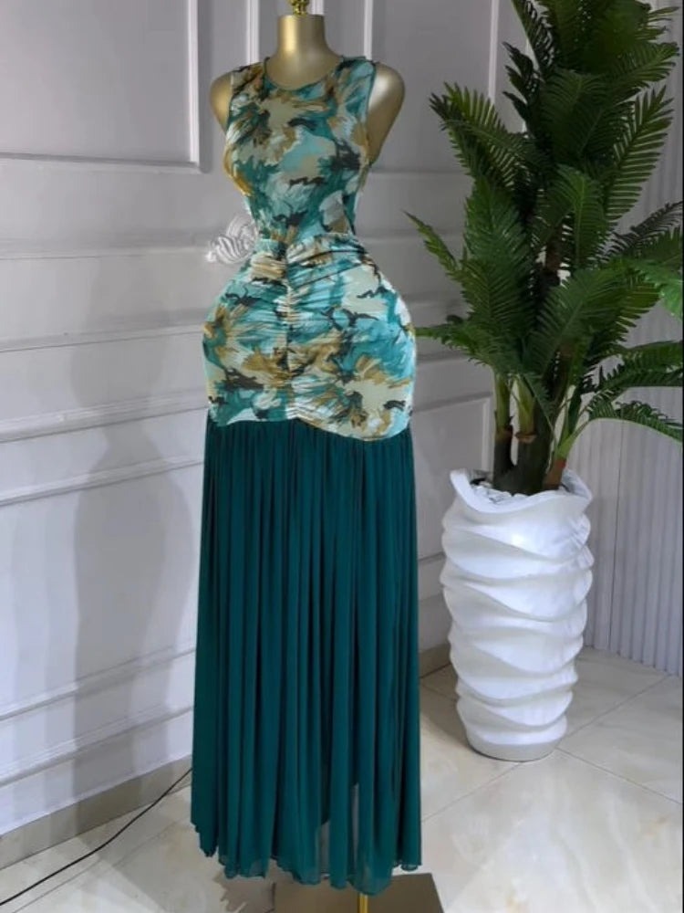 Printed Ruched Stacked Sleeveless Long Maxi Dress