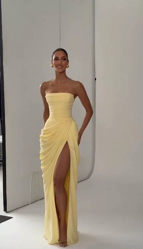 Tapansee Solid Sexy Pleated Strapless Off Shoulder Backless High Waist Split Maxi Dress