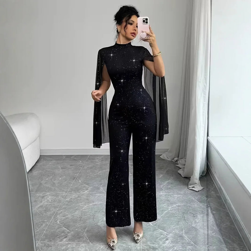 Manhattan Glitter Mock Neck Sheer Chiffon Cloak Sleeve Elegant Overalls Temperament Jumpsuit