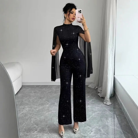 Manhattan Glitter Mock Neck Sheer Chiffon Cloak Sleeve Elegant Overalls Temperament Jumpsuit