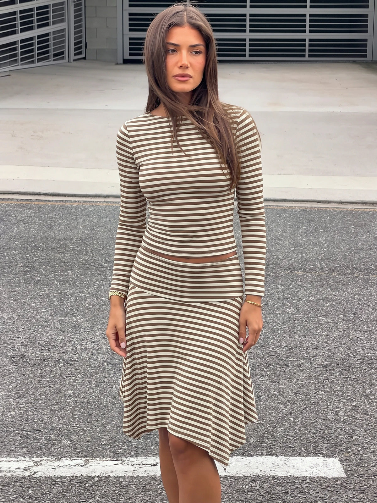 Veronica Hugcitar Fashion Striped Print Two Piece Sets