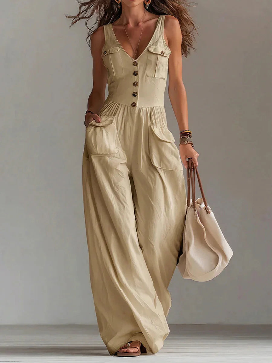 Women's Jumpsuit Featuring V-Neck, Button Decor, Wide-Leg Design and Pockets