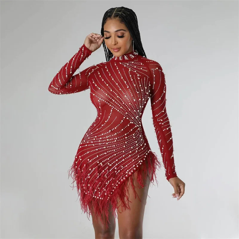 Whippany Pearls Rhinestone Party Elegance Nightclub Feather Mini Dress