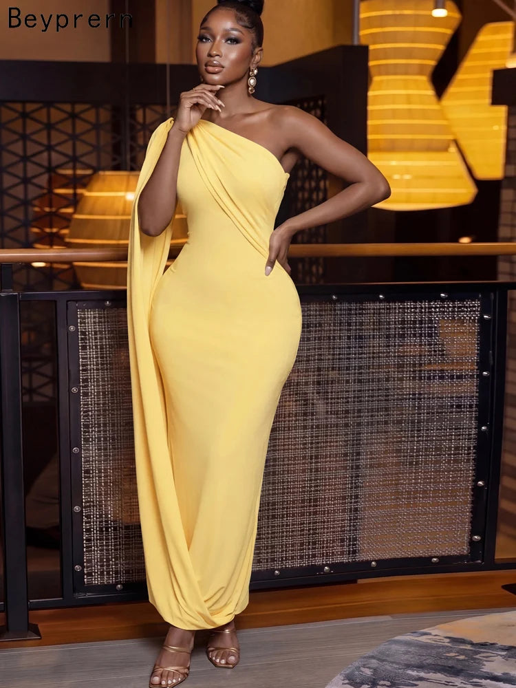 Elegant One Shoulder Yellow Sexy Bodycon Evening Party Gown Maxi Dress