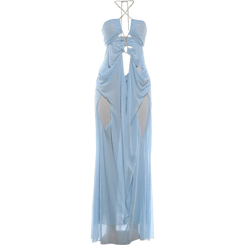 Pine Plains Sexy See Through Luxury Chain Halter Low Neck Backless Dress