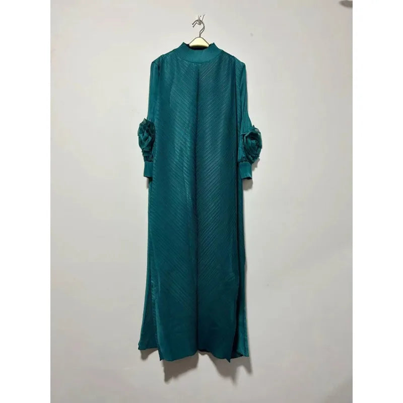 Miyake Solid Color Long Sleeved Three-dimensional Embroidered Temperament Long Loose Dress