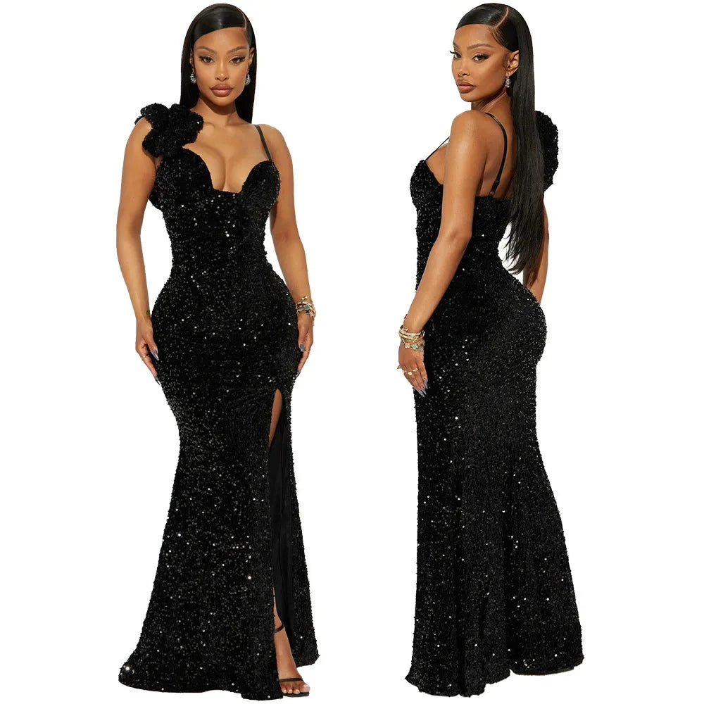 Bayone Sexy Sequins Solid Sexy Slim Fit Evening High Waist Elegant Lady Sleeveless Split Dress