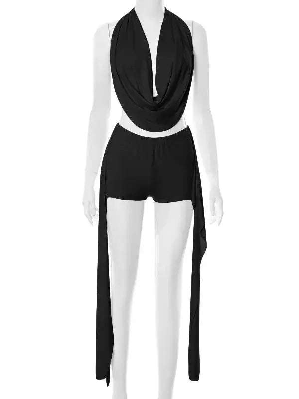 Beattystown Puss Elegant Halter Swing Collar Backless Sexy Tank Side Tassel Matching Set