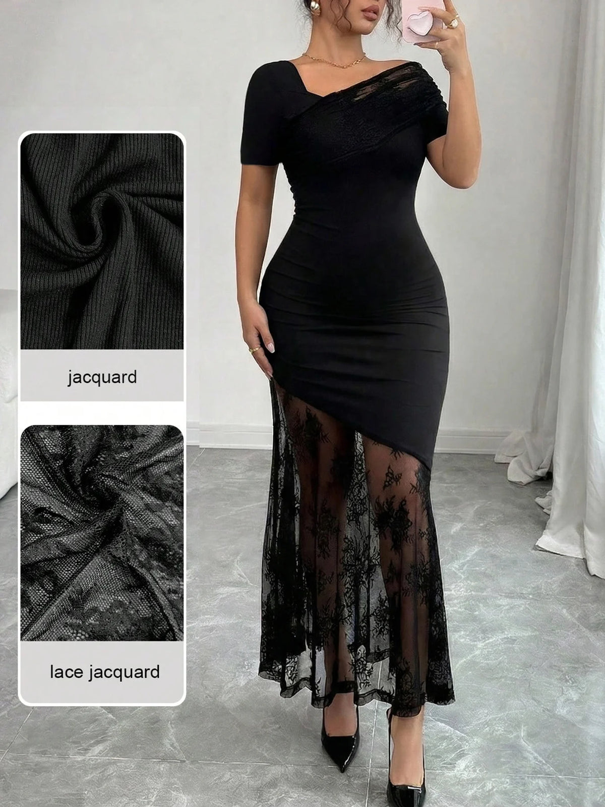 Manhattan Plus Size Black Asymmetric Neck Lace Patchwork Bodycon Mermaid Dress