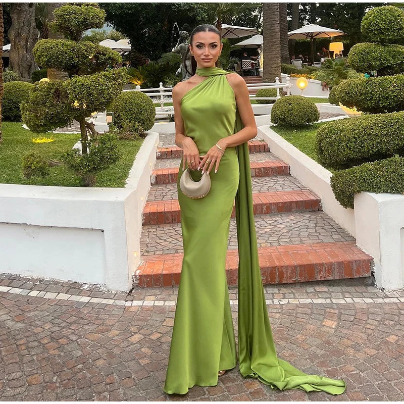 Califon Sexy Satin Ribbon Party Elegant Halter Backless Off Shoulder Sleeveless Maxi Dress
