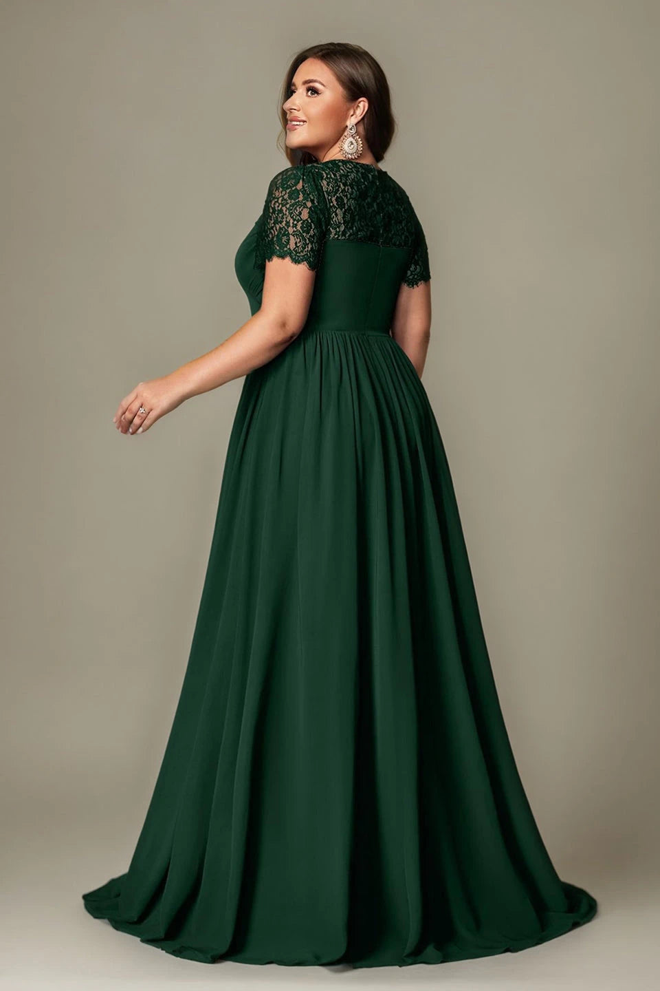 Paterson Plus Size A Line Lace Short Sleeved Formal Evening Gown Sheer High-Waisted Maxi Dress