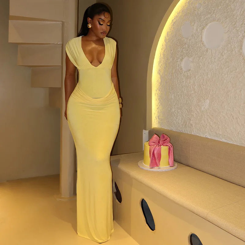 Elmora Sexy Ruched Bodycon Solid Sleeveless V-Neck Slim Long Maxi Dresses